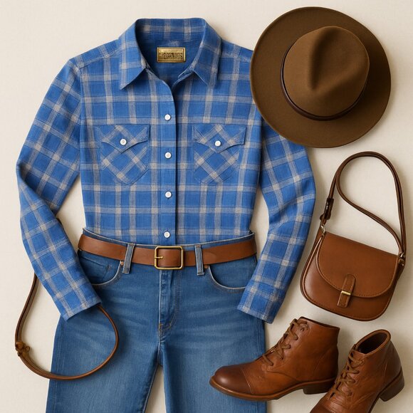 Youngbloods Western Pearl Snap Blue Plaid Shirt Rodeo Womens Large - Picture 2 of 13